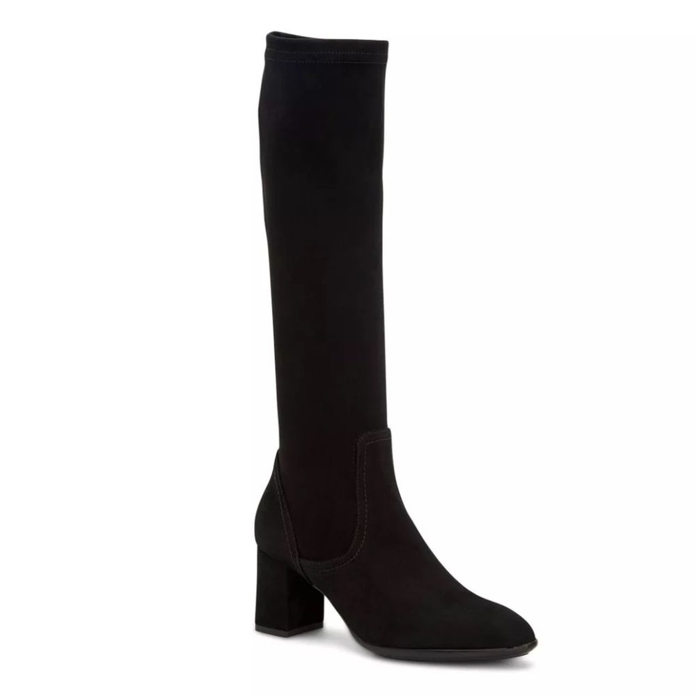 Aquatalia Delaney Knee-high Stretch Suede Black Heel Boots